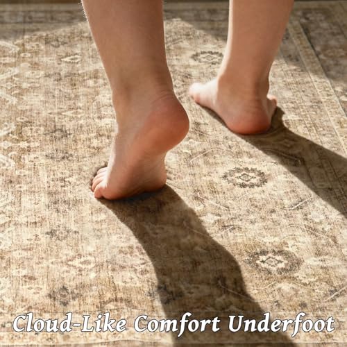 Washable 3x5 Entryway Rug, Boho Non-Slip Vintage Distress Small Rugs for Kitchen Nursery Office Bedroom, 0.3" Neutral Oriental Throw Thin Carpet with Cushioning Pad, Brown/Multi, C1 - color: Brown/Multi, size: 3' x 5' (Rectangular)