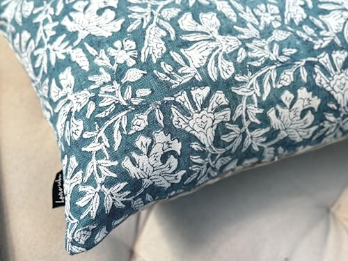 Handblock Printed Vintage Indian Cotton Decorative Throw Pillow Covers, Set of 2 (Vintage Turquoise Grey, 12" x 20" (Pack of 2)) - color: Vintage Turquoise Grey, size: 20" x 12" (Pack of 2)