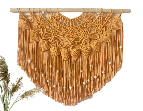 Youngeast Large Macrame Wall Hanging Boho Beaded Curtain for Window Macrame Bedroom Headboard Living Room Wall Art Tassel Tapestry Bohemian Woven Wall Decor 31" W X 25" H (Orange) - color: Orange