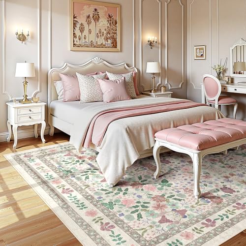 Deerly Floral Washable Rugs 8x10 Large Vintage Living Room Carpet Boho Non-Slip Soft Low Pile Thin Bedroom Floor Mat Indoor for Dining Room Playroom Nursery Farmhouse, Beige/Light Pink/Multi - color: Beige/Light Pink/Multi, size: 8' x 10' (Rectangular)