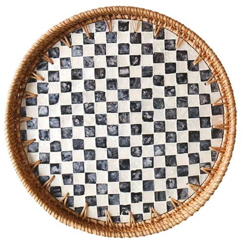 Round Rattan Tray with Mother of Pearl Inlay, Decorative Wicker Serving Tray with Wooden Base, Woven Basket Trays for Bread Fruits Coffee, Checkered - color: Checkered
