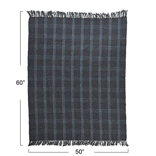 Creative Co-Op Recycled Cotton Blend Throw Blanket with Fringe, Grey Plaid - color: Grey, size: One Size