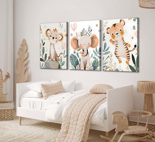 3 Pcs Safari Animals Nursery Canvas Wall Art Jungle Animals Cheetah Elephant Tiger Kids Room Illustration Pictures Wall Decor Posters Print Artwork for Classroom Boy's Girl's Room Bedroom - color: Animal-Canvas, size: 16"L x 12"W