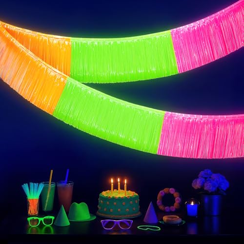 KatchOn, Neon Fringe Banner – 8.2 Feet, Pack of 2 | Neon Banner for Rave Party Decorations, Glow Parties Glow in The Dark Streamers for Birthday, Bachelorette Party - color: Neon