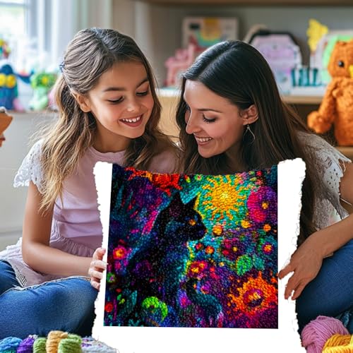 A Black Cat in Abstract Flowers DIY Latch Hook Pillow Kits for Adults Printed Pillowcase Crochet Yarns Hooking Handmade Pillow Cover Cushion for Home Sofa Decoration 17x17inch - color: 02-Black Cat