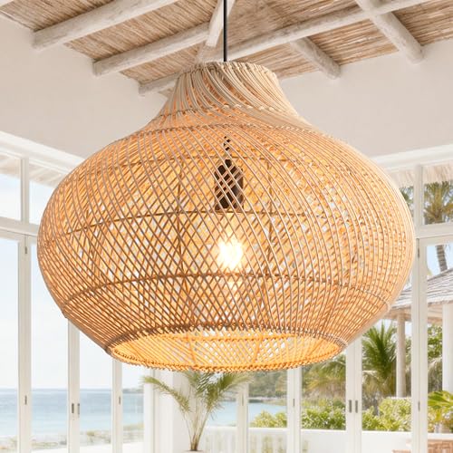 Boho Rattan Pendant Light, 13.8" Handwoven Wicker Hanging Light Fixture with Adjustable Cord, Natural Bamboo Chandelier Ceiling Lamp for Kitchen Island, Dining Room, Bedroom, Living Room, E26 Base - color: D3032