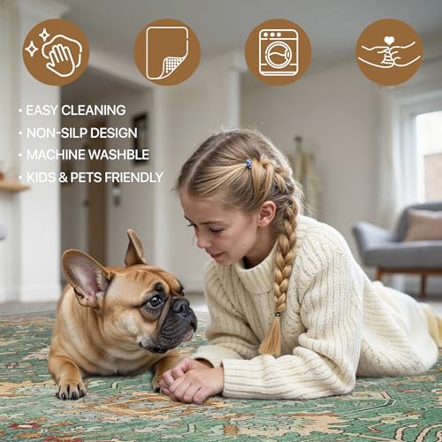 Bavni Entryway Rug, 2x3 Washable Rug Ultra-Thin Low Pile, Non-Slip Small Rugs Indoor for Front Door Entrance Bathroom, Vintage Print Carpet Soft Stain Resistance, Sage/Gold - color: Sage/Gold, size: 2' x 3' (Rectangular)