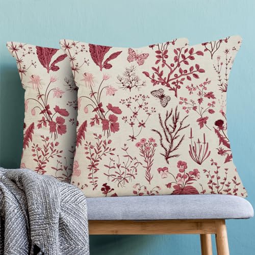 Christmas Pillow Covers 16x16 Inch Set of 2,Burgundy Red Wild Flower Plant Throw Pillows Case,Seasonal Floral Outdoor Decorative Square Linen Farmhouse Decor Cushion Covers for Home Sofa bed Couch - color: Burgundy Wild Floral, size: 16" x 16" (Pack of 2)