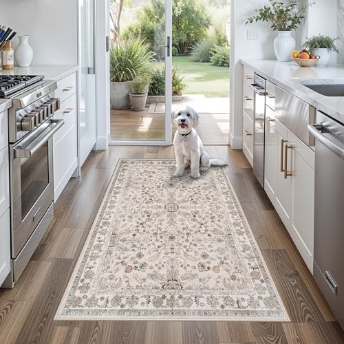 3x6 Kitchen Runner Rug Non Slip Washable - Soft Low Pile Stain-Resistant Wide Carpet Runner for Hallway Entryway Bedroom Bathroom with Rubber Backing - Boho Floral Door Mat(Beige,3x6) - color: Beige, size: 3' x 6' (Rectangular)
