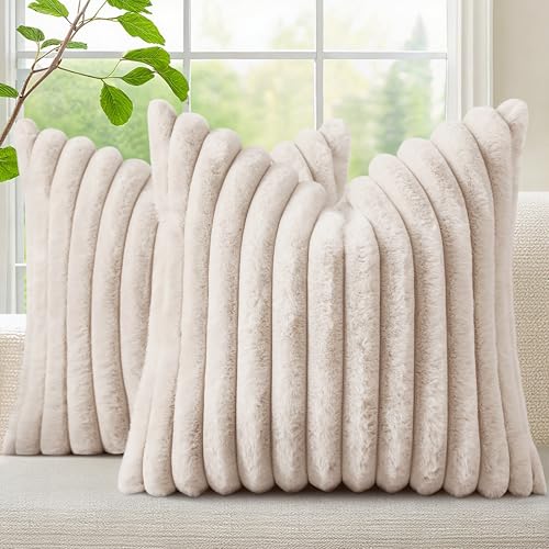 decorUhome Fall Cozy Faux Fur Throw Pillow Covers 26x26 Set of 2 Decorative Soft Plush Striped Modern Farmhouse Boho Couch Euro Sham Pillow Cases with Velvet Back for Sofa Bed Living Room, Beige - color: Beige, size: 26" x 26" (Pack of 2)