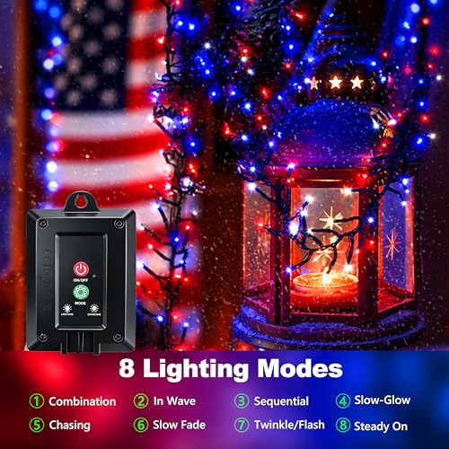 2Pack 240LED Red White and Blue Lights Outdoor, Total 45ft 4th of July Solar String Lights with 8 Modes, Patriotic Light Waterproof for Independence Day Memorial Day Home Garden Party Yard Decor - color: Red White Blue, size: 120LED*2pcs-solar