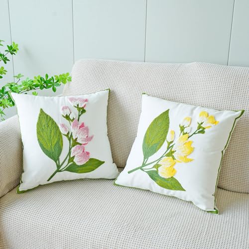 vctops Farmhouse Hibiscus Flowers Cotton Tufted Throw Pillow Cover Spring Floral Embroidery Pillowcase Soft Square Cushion Case for Sofa Couch Bed Chair (Yellow F,18"x18") - color: Yellow F