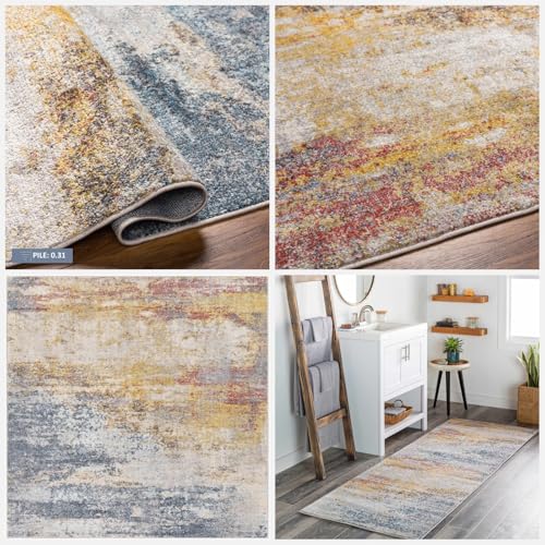 BoutiqueRugs Light Gray Abstract Contemporary 7ft Runner Rug Mustard Ice Blue Navy Alexandra Hallway Kitchen Corridor Stairway Laundry Room 2'7" x 7'3" Stain Resistant Non-Shedding Pet Friendly - color: Gray/Mustard, size: 2'8" x 7'3" (Runner)
