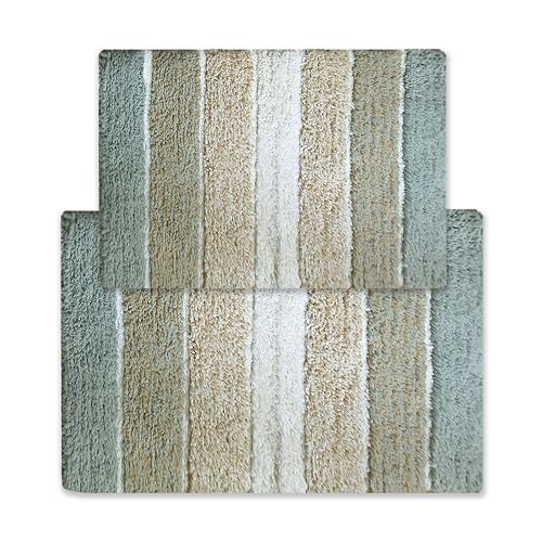 Chardin home Cordural Stripes Bath Mat, Set of 2 Bath Rugs (17 Inches x24 Inches & 21 Inches x34 Inches) | Non Slip Bathroom Rug, Machine Washable, Plush, Highly Absorbent | Bluish Gray- Beige - color: Gray-beige