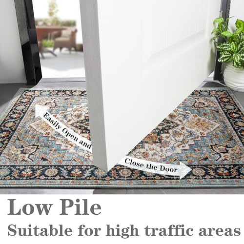 Foxmas Small Rugs for Entryway 2x3 Feet, Non-Slip Doormat Indoor Entrance Vintage Washable Area Rug, Low Pile Throw Rugs for Entryway Bedroom Kitchen Living Room, Wood & Blue - color: Wood & Blue, size: 2' X 3' (Rectangular)