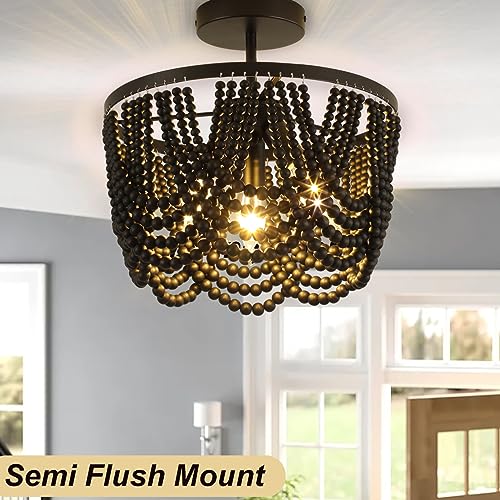 Black Boho Chandelier,Wood Beaded Chandelier Light Fixture, 12.6 inch Bohemia Draped Bead Flush Mount/Semi Flush Mount Ceiling Light Fixture for Dinning Room Bedroom Hallway - color: Black 12.6"