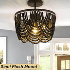 Black Boho Chandelier,Wood Beaded Chandelier Light Fixture, 12.6 inch Bohemia Draped Bead Flush Mount/Semi Flush Mount Ceiling Light Fixture for Dinning Room Bedroom Hallway - color: Black 12.6"