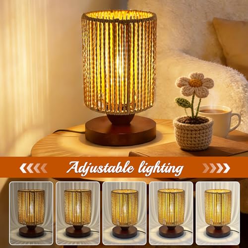 Boho Rattan Table Lamp,Handmade Woven Bamboo Wicker Nightstand Lamp,Dimmable LED Wooden Bedside Lamp, Vintage Farmhouse Small End Table Lamp,Soft Warm Light Aesthetic Decor for Bedroom Living Room - style: A