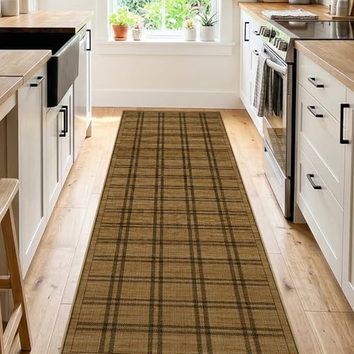 Jute 2x8 Hallway Runner Rug: Washable Non Slip Kitchen Rugs with Rubber Backing Pet-Friendly Carpets Stain Resistant Runners for Laundry Entryway Bedroom Decor Brown Plaid - color: Brown Plaid, size: 2' x 8' (Rectangular)