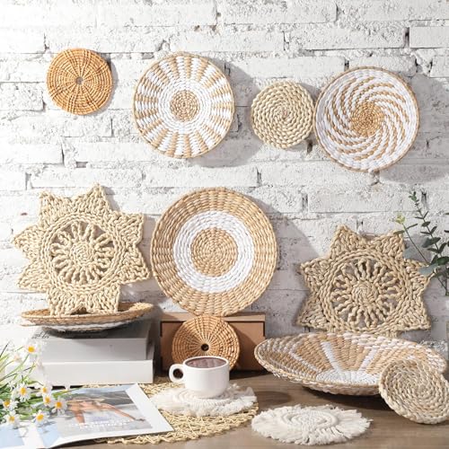 15 Pcs Boho Wall Basket Decor Woven Rattan Seagrass Wall Decor Hanging Rustic Farmhouse Western Art Decoration for Nursery Living Room Bedroom Home Kitchen(Grey White Style) - style: Grey White Style