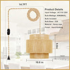 plug in pendant light rattan hanging lamp with 14.7ft Hemp Rope，Dimmable boho pendant lamp with adjustable cord，high output wicker hanging light plug in Woven Shade for Bedroom Dinning Kitchen - size: 3 tier HL-8