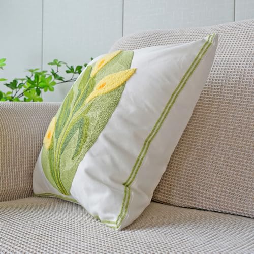 vctops Farmhouse Calla Lily Cotton Tufted Throw Pillow Cover Spring Floral Embroidery Pillowcase Soft Square Cushion Case for Sofa Couch Bed Chair (Yellow C,18"x18") - color: Yellow C