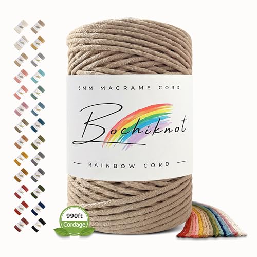 BOCHIKNOT Single Strand Macrame Cord 3mm x 330yds (300m) – Soft Cotton Macrame Rope for Beginners, Easy to Knot for Wall Hangings, Plant Hangers, Fringe and DIY Crafts (Buttercream) - color: Buttercream, size: (3mm x 302m) - Single Strand Twist