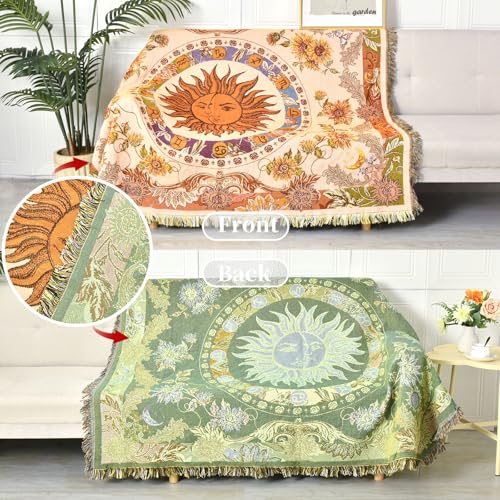 Boho Throw Blanket Reversible Cotton Bohemian Tapestry Hippie Room Decor Outdoor Blanket Double Sided (Boho Sun Yellow 50"x60") - color: Boho Sun 3, size: 50*60 inch