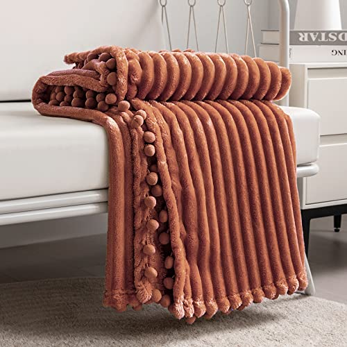 DISSA Fleece Blanket Throw Size – 51x63, Caramel – Soft, Plush, Fluffy, Fuzzy, Warm, Cozy – Perfect Throw for Couch, Bed, Sofa - with Pompom Fringe - Flannel Blanket Throw Blanket - color: Caramel, size: 51x63"