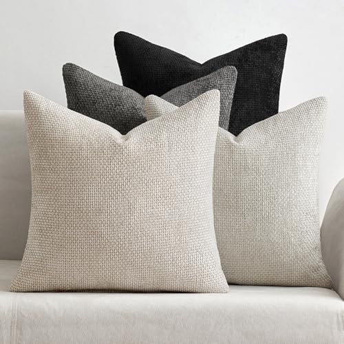 MIULEE Pack of 4 Halloween Couch Throw Pillow Covers 16x16 Inch Neutral Cream/Grey Soft Decorative Chenille Pillow Covers Farmhouse Accent Cushion Covers for Boho Home Decor Sofa Bedroom Living Room - color: Neutral Cream/Grey, size: 16" x 16" (Pack of 4)