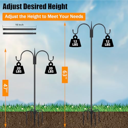 FEED GARDEN Heavy Duty Shepherds Hook 63" Double Hooks Adjustable (47/63") - Alloy Steel 5-Prong Base, 12lb Capacity - Easy Assembly Bird Feeder Pole for Hanging Planters, Lanterns, Wind Chimes - size: 63 Inch
