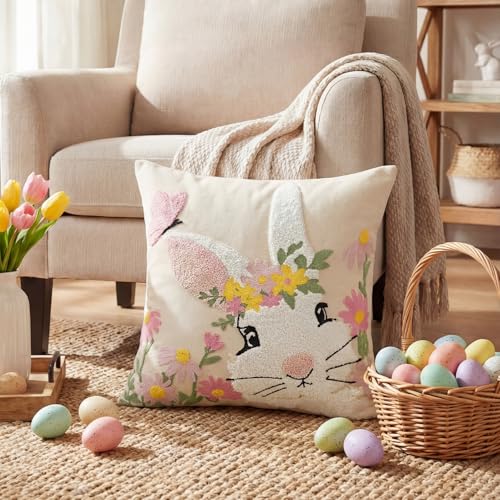 AVOIN colorlife Easter Spring Rabbit Floral Embroidered Throw Pillow Cover, 18 x 18 Inch Butterfly Bunny Tufted Patterned Linen Decoration Cushion Case for Sofa Couch - size: 18" x 18" (Pack of 1)