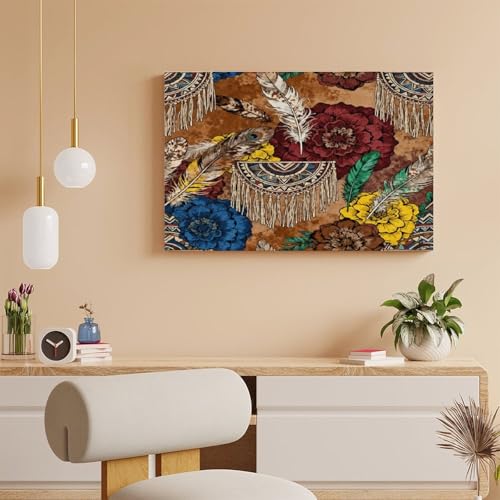 Boho Feather Fringe Art Wall Art Decor Framed 18x12 Inch, Wall Decor Poster for Bedroom Living Room Office Decor (Wooden Inner Frame) - size: 18"L x 12"W