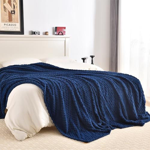 PLEASANT BOULEVARD Fleece Throw Blanket for Couch with 3D Turtle Shell Jacquard Soft Blanket, Fuzzy Blanket for All Seasons 50x60 Inches, Navy - color: Navy, size: 50x60in