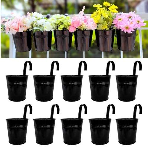 LaLaGreen Small Hanging Planters - 10 Pack, 4 Inch Black Metal Bucket Small Flower Pots for Outdoor Outside, Balcony Railing Hanging, Cute Garden Decor Rail Wall Farmhouse Rustic Deck Porch Succulent - size: 4 Inch (Black)