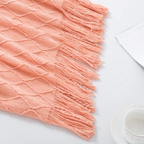 BOURINA Orange Throw Blanket 50x60 Inches Throw Textured Solid Soft Sofa Couch Decorative Knit Blanket - color: Coral, size: 50"x60"