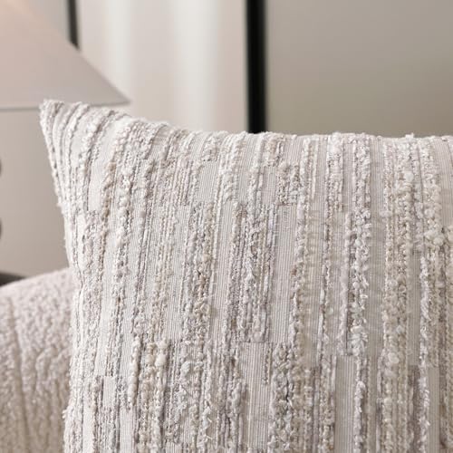 Striped Throw Pillow Covers 20x12 Set of 2 Beige Textured Boucle Chic Morden Boho Accent Farmhouse Decorative Chenille Pillow Covers for Home Decor Bed Sofa Living Room - color: Beige, size: 20" x 12" (Pack of 2)