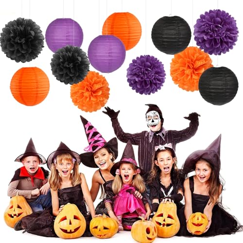 Purple-Orange Black Party-Decorations Paper-Flowers Lanterns - 15PCS Halloween Tissue Pom Poms Streamers,Vintage Birthday Retro Baby Bridal Shower Wedding Bachelorette Hanging Supplies Decor Hugfond - color: Black Orange Purple