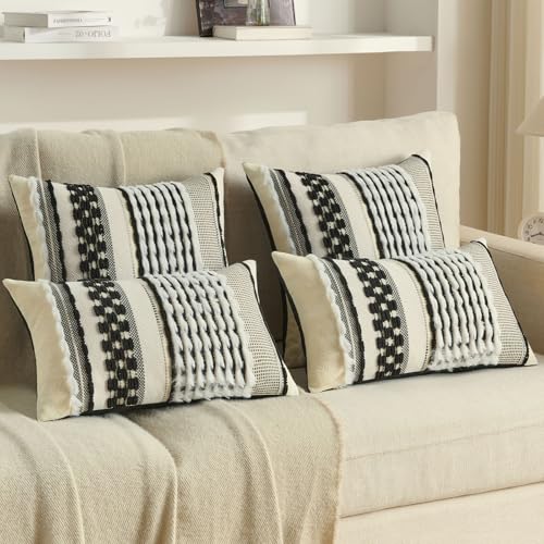 FUTEI Pack of 2 Boho Chenille Decorative Throw Pillow Covers 20x20 Inch Soft Plush Tufted Striped Textured Cushion Case,Farmhouse Accent for Couch Bed Living Room, Black White - color: Black+white, size: 20" x 20" (Pack of 2)