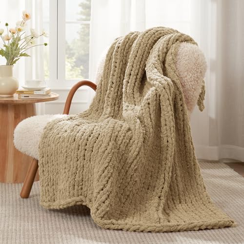 Amélie Home Chunky Knit Throw Blanket for Couch, Soft Chenille Handmade Crochet Throw Rope Knit Blanket for Bed, 40"x50", Beige - color: Beige, size: 40"x50"