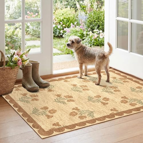 Floral Outdoor Rug - 28" x 43" Front Door Mat Indoor Outside Entrance Non-Slip Washable Outdoor Mat Jute-Look Tan Scalloped Rug for Entryway Kitchen Mudroom Layered Doormat for Front Porch - color: Flower - Wheat/Tan/Sage, size: 2'4" x 3'7" (Rectangular)