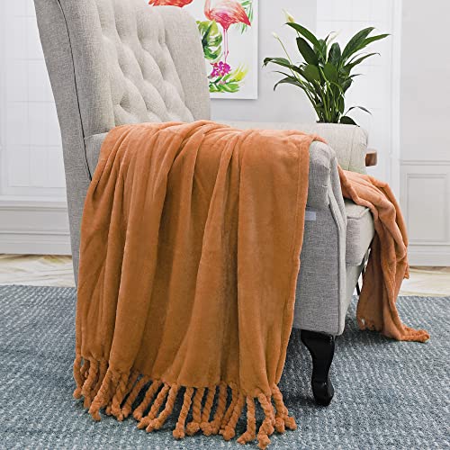 Throw Blankets Couch Cover Flannel Fleece Throw with Braided Rope Fringe Tassels, Plush Cozy Warm Soft Smooth Throw for Couch Sofa Bed Chair Home Décor, 50" x 60", Orange - color: Orange, size: 50" x 60"