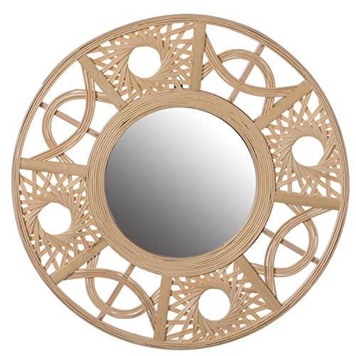 Vintiquewise Boho Bamboo Hanging Wall Mirror, Round Asymmetrical Vintage Rattan Mirror for Wall Decor, Nursery, Living Room, Playroom, Unique Small Coastal Mirror - size: 1.5"L x 21.8"W