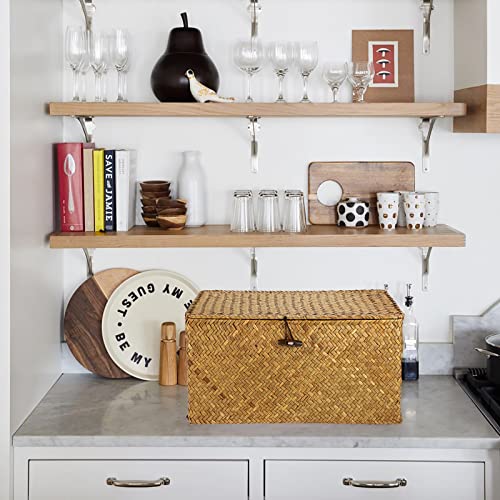 Hipiwe Wicker Shelf Baskets Bin with Lid, Handwoven Seagrass Basket Storage Bins Rectangular Household Basket Boxes for Shelf Wardrobe Home Organizer, Caramel Large - color: Caramel, size: Large
