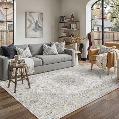 HUGEAR 5x7 Area Rugs Machine Washable Rugs Vintage Grey Living Room Bedroom Rug Non-Shedding Low Pile Persia Throw Carpet Non Slip for Dining Room Kitchen Office Home Decor - color: Beige / Grey, size: 5' x 7' (Rectangular)