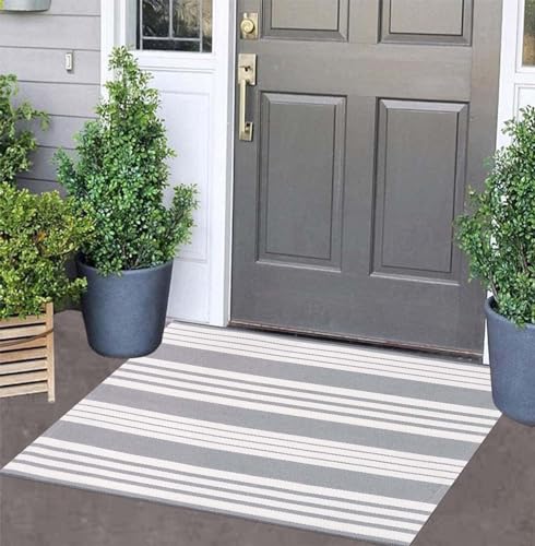 Grey and White Striped Doormat 24'' x 35'' Front Porch Rug Machine Washable Indoor Outdoor Doormat for Front Porch Hand-Woven Entryway Rug for Laundry/Bathroom/Bedroom - color: Grey White, size: 2' x 3' (Rectangular)