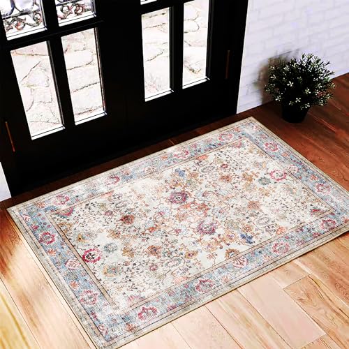 CHAMPLANT Area Rug 2'x3' Washable Rug Door Mat Vintage Distressed Doormat Indoor Entrance Traditional Thin Floral Print Non Slip Carpet for Kitchen Bathroom Bedroom Living Room - color: Cyan and Purple, size: 2' x 3' (Rectangular)
