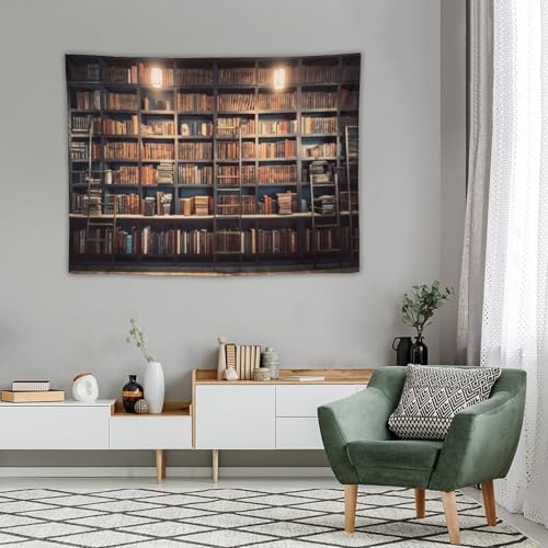 Houselerax Vintage Bookshelf Tapestry Retro Library Wall Hanging Tapestries,Old Books on Shelf Classical Study Room Student Study College Dorm Bedroom Living Room 60"x40"inch - color: Bookshelf-10, size: W60xL40in