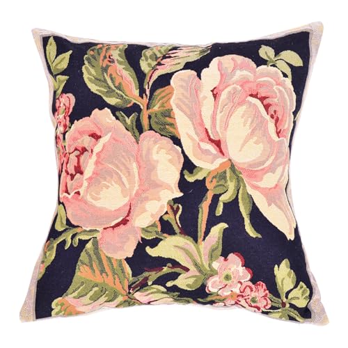 18x18 Tapestry Pillow Cover, Jacquard Woven Botanical Square Vintage Floral Double Roses Decorative Throw Pillow Sham for Couch, Victorian Accent Cushion Case (Vintage Rose Tapestry on Dark Ground) - color: Vintage Rose Tapestry on Dark Ground