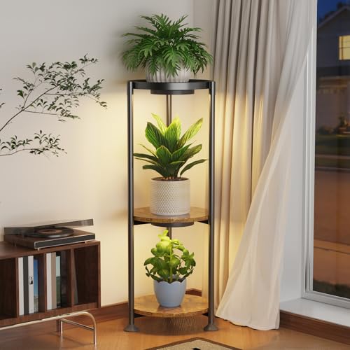 iDavosic.ly 3 Tier Plant Stand Indoor with Grow Light, 30 Inch Tall Vertical Corner Metal Flower Heavy Duty Pot Holder Shelf, Modern Black & Rustic Brown - Round - color: Black with 2 Lights, size: 3 Tiers